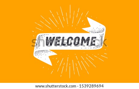 Flag Welcome. Old school flag banner with text Welcome. Ribbon flag in vintage style with linear drawing light rays, sunburst and rays of sun, text welcome. Hand drawn design. Vector Illustration
