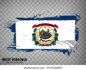 Flagge von West Virginia aus Pinselstrichen. Vereinigte Staaten.  Waving Flag West Virginia mit Titel auf transparentem Hintergrund für Ihre Website Design, App, UI. USA. EPS10.