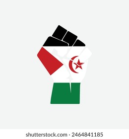Flag of Western Sahara in the shape of raised hand sign isolated on background. Fist symbol modern, simple, vector, icon for website design, mobile app, ui. Vector Illustration