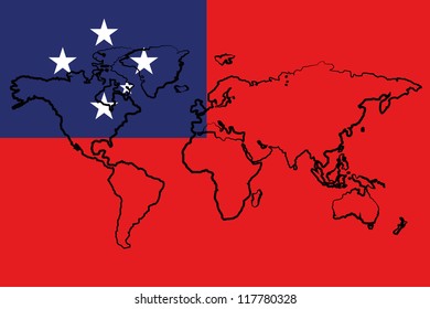 The flag of Western Samoa with the outline of the world