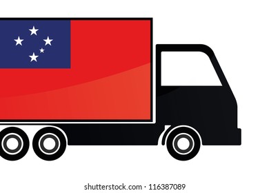 The flag of Western Samoa painted on the side of the silhouette of a truck