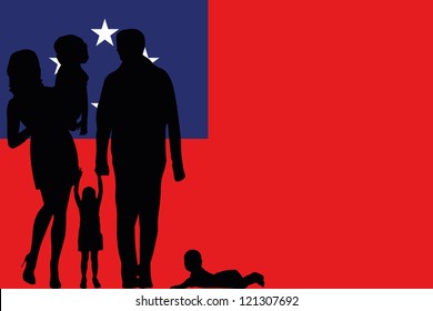 The flag of Western Samoa with the silhouette of a family