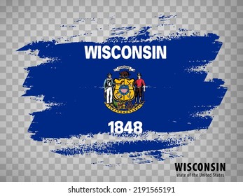 Flag of Wisconsin from brush strokes. United States of America.  Flag State of  Wisconsin with title on transparent background for your web site design, app, UI. USA. EPS10.