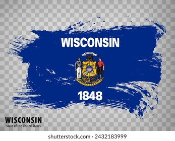 Flag of Wisconsin State from brush strokes. United States of America.  Waving Flag State of Wisconsin with title on transparent background for your web site design, app, UI. USA. Vector EPS10.