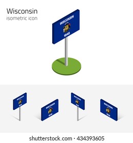 Flag of Wisconsin (State of Wisconsin, USA), vector set of isometric flat icons, 3D style, different views. Editable design element for banner, website, presentation, infographic, poster, map. Eps 10