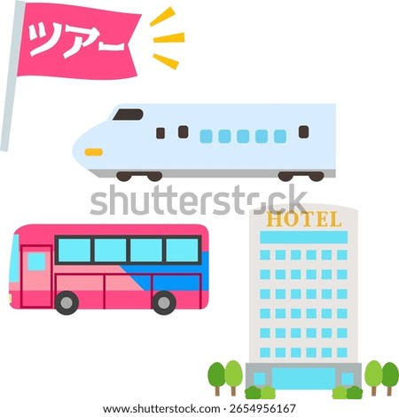A flag with the word "tour" written on it, a vehicle and a hotel