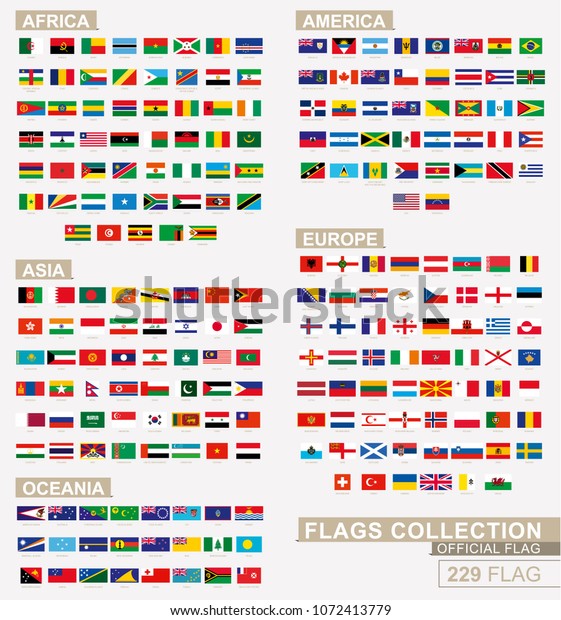 世界国旗 アフリカ アメリカ アジア ヨーロッパ オセアニアのアルファベット順に並べられた大きなコレクション 公式寸法のベクトルフラグ のベクター画像素材 ロイヤリティフリー