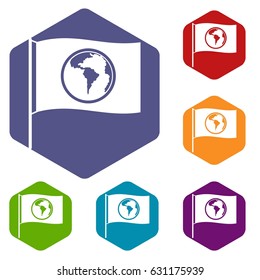 Flag with world planet icons set hexagon isolated vector illustration