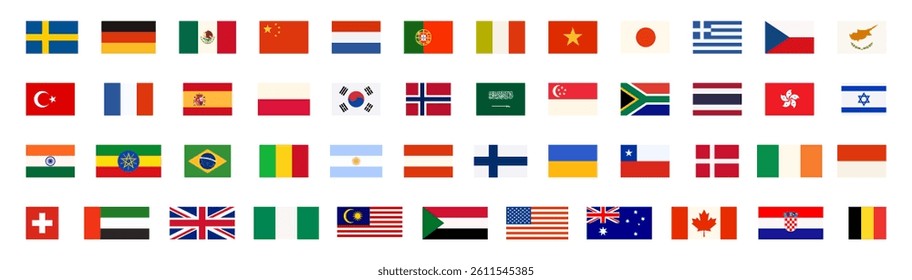 Flag of world set, international flags collection of Europe and Africa, America and Asia. Thailand and Hong Kong, Sweden and Germany, Mexico and Japan, South Korea cartoon vector illustration