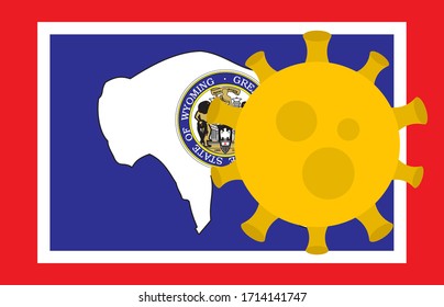 Flag of Wyoming State With Outbreak Viruses Background of USA State flag. Novel Coronavirus Disease COVID-19. Coronavirus Infection And The Epidemic In America. USA Lockdown.