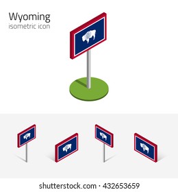 Flag of Wyoming (State of Wyoming, USA), vector set of isometric flat icons, 3D style, different views. Editable design element for banner, website, presentation, infographic, poster, map. Eps 10