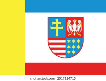A flag with a yellow and white background and a blue and red emblem. The emblem has a cross and a bird