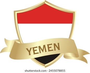 Bandera de Yemen alrededor del escudo de metal dorado con la bandera de Yemen