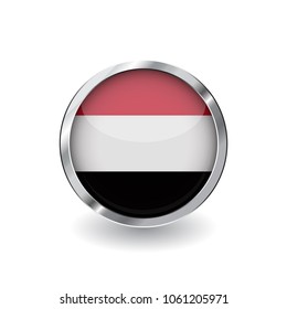 Flag of yemen, button with metal frame and shadow. yemen flag vector icon, badge with glossy effect and metallic border. Realistic vector illustration on white background.