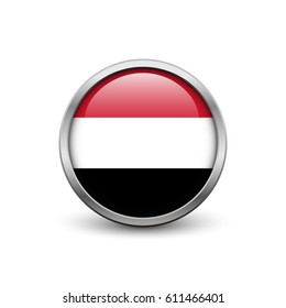 Flag of Yemen, button with metal frame and shadow