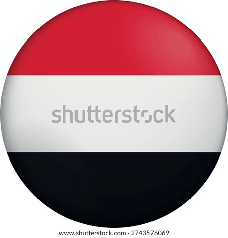 Flag of Yemen. Glossy circular flag. Button appearance. 3D Icon Design with depth. Professional, tactile look. Perfect for representing national identity in digital interfaces and perfect for websites
