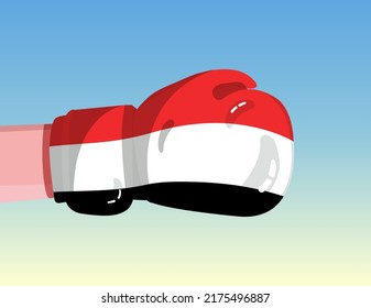 Flag of Yemen on boxing glove. Confrontation between countries with competitive power. Offensive attitude. Separation of power. Template ready design.