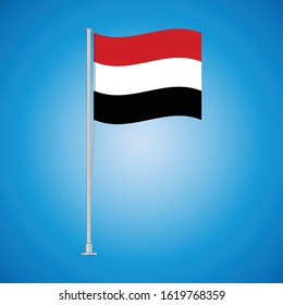 Flag of Yemen on a stand, developing in the wind, isolated on a blue background. Vector illustration eps 10.