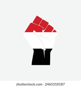 Flag of Yemen in the shape of raised hand sign isolated on background. Fist symbol modern, simple, vector, icon for website design, mobile app, ui. Vector Illustration