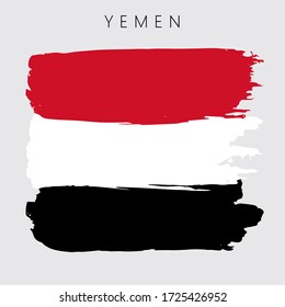 Flag of Yemen. Vector illustration on gray background. National flag with three colors: black, white and red. Beautiful brush strokes. Abstract concept. Elements for design. Painted texture.