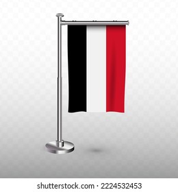 Flag of Yemen. Vector illustration of a vertical hanging flag with flagpole on a transparent background (PNG).