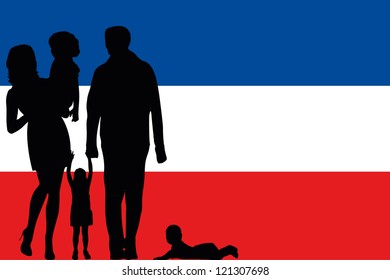The flag of Yugoslavia with the silhouette of a family