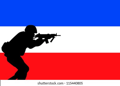 The flag of Yugoslavia and the silhouette of a soldier aiming their weapon