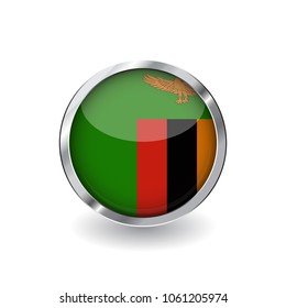 Flag of zambia, button with metal frame and shadow. zambia flag vector icon, badge with glossy effect and metallic border. Realistic vector illustration on white background.