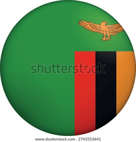 Flag of Zambia. Glossy circular flag. Button appearance. 3D Icon Design with depth. Professional, tactile look. Perfect for representing national identity in digital interfaces and perfect for websites