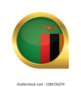 Flag of Zambia, location map pin, pointer flag, button with the reflection of light and shadow, gold frame, Icon country. Realistic vector illustration on white background.