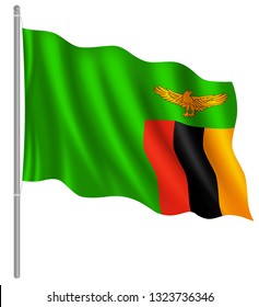 Flag of Zambia with flag pole waving in wind. Vector illustration