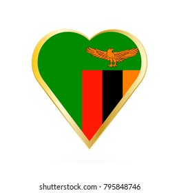 Flag of Zambia in the shape of Heart, symbol of Love Gold version.