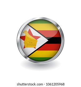 Flag of zimbabwe, button with metal frame and shadow. zimbabwe flag vector icon, badge with glossy effect and metallic border. Realistic vector illustration on white background.