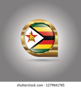 Flag of Zimbabwe, button with the reflection of light and shadow, gold frame, Icon country. Realistic vector illustration on gray background.