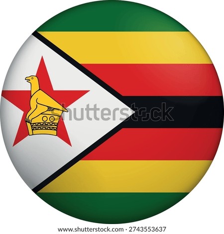 Flag of Zimbabwe. Glossy circular flag. Button appearance. 3D Icon Design with depth. Professional, tactile look. Perfect for representing national identity in digital interfaces and perfect for websites