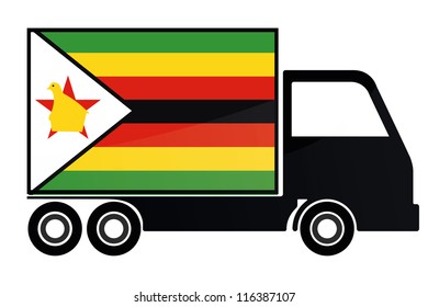 The flag of Zimbabwe painted on the side of the silhouette of a truck