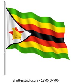 Flag of Zimbabwe with flag pole waving in wind. Vector illustration
