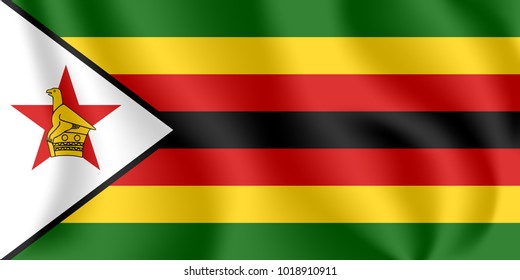 Flag of Zimbabwe. Realistic waving flag of Republic of Zimbabwe. Fabric textured flowing flag of Zimbabwe.