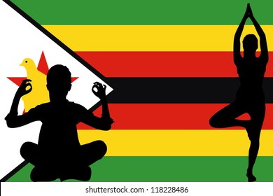 The flag of Zimbabwe with yoga silhouettes