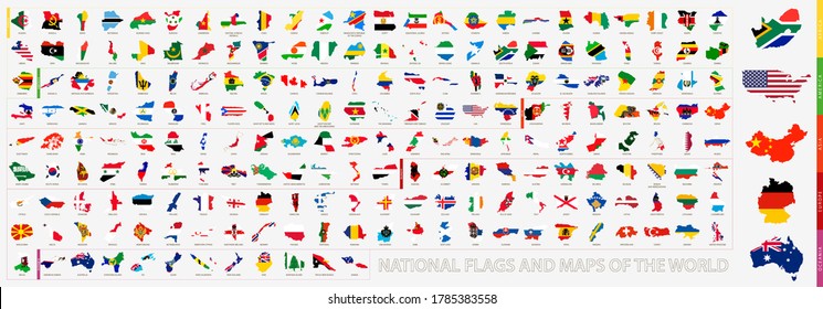 Flagged maps big collection sorted by continent: Asia, Africa, America, Europe and Oceania. Vector map contour with flag. 