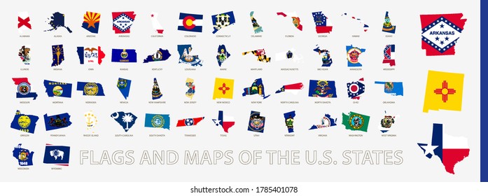 Flagged maps of U.S. States, all states of United States of America sorted alphabetically. Vector map contour with flag.