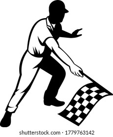 Flagman Race Official Waving Checkered or Chequered Flag Finish Line Retro Retro Black and White