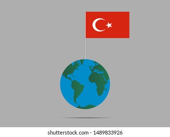 Flagpole on Earth with Beautiful national flag of Republic of Turkey, original colors and proportion. Simply vector illustration eps10, from countries flag set.