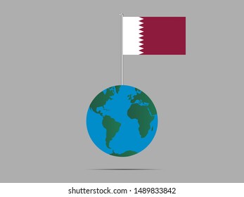 Flagpole on Earth globe with Beautiful national flag of State of Qatar . original colors and proportion. Simply vector illustration eps10, from countries flag set.