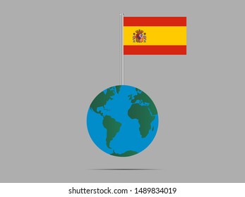 Flagpole on Earth globe with Beautiful national flag of Kingdom of Spain. original colors and proportion. Simply vector illustration eps10, from countries flag set.