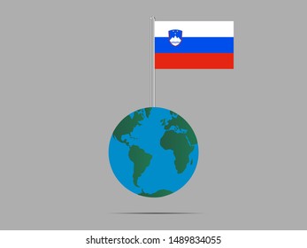 Flagpole on Earth globe with Beautiful national flag of Republic of Slovenia. original colors and proportion. Simply vector illustration eps10, from countries flag set.