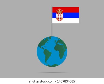 Flagpole on Earth globe with Beautiful national flag of Republic of Serbia . original colors and proportion. Simply vector illustration eps10, from countries flag set.