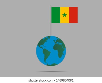 Flagpole on Earth globe with Beautiful national flag of Republic of Senegal. original colors and proportion. Simply vector illustration eps10, from countries flag set.