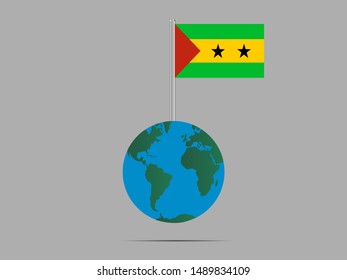 Flagpole on Earth globe with Beautiful national flag of Democratic Republic of
Sao Tome and Principe. original colors and proportion. Simply vector illustration eps10, from countries flag set.