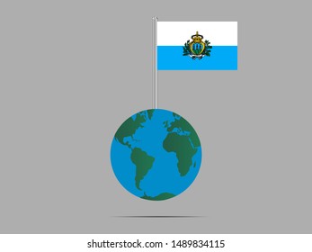 Flagpole on Earth globe with Beautiful national flag of Republic of San Marino. original colors and proportion. Simply vector illustration eps10, from countries flag set.